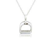 A sterling silver stirrup-shaped pendant with sparkly zirconia stones, attached to a silver chain against a white background.